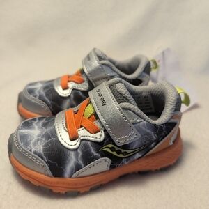 NWT Saucony Toddler Gray Lightning Sneakers with Orange and Lime Accents, Size 4